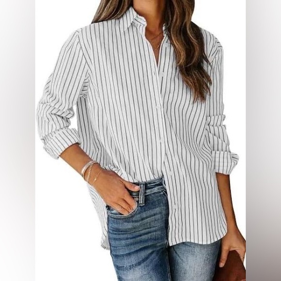 Time and Tru Tops - Time and Tru White and Black Striped Button Down Long Sleeve Shirt, Small (4-6)